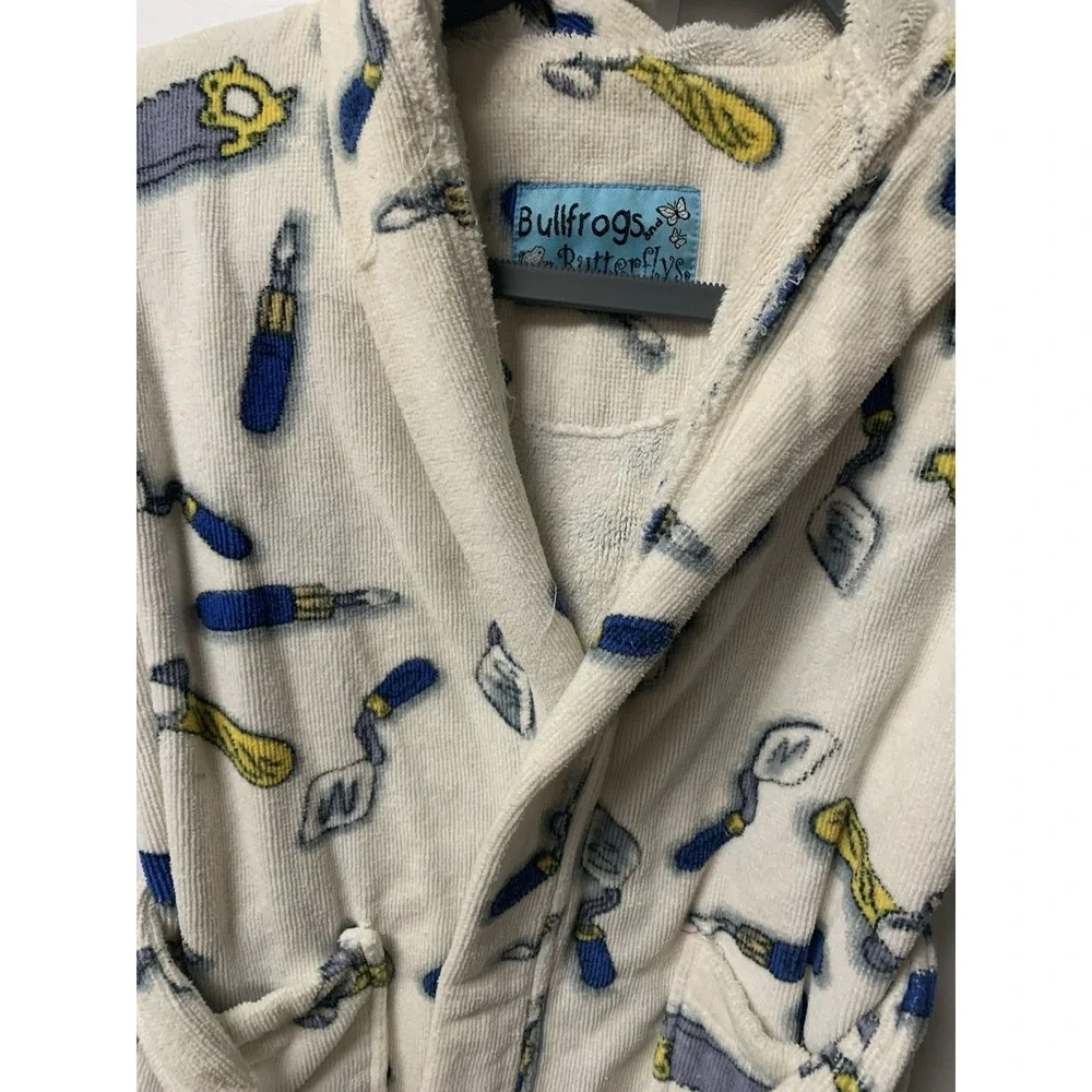 Bullfrogs & Butterflys Boys Tools Robe White Med Belt Pockets Hood Terry Cloth